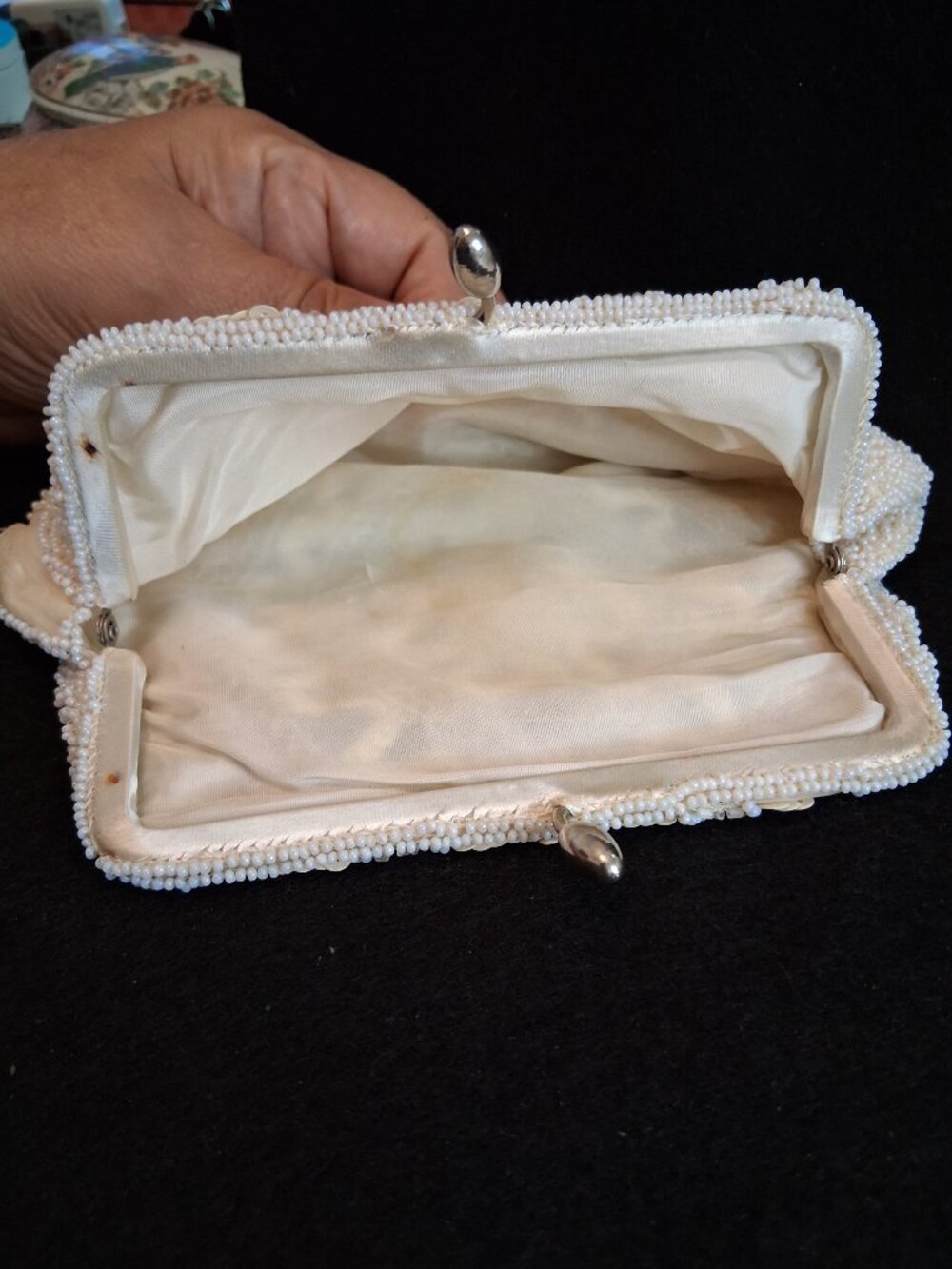 Vintage 1950s Hand Beaded Sequin Kiss Lock Clutch Evening Bag Ivory Cream Bridal - Picture 6 of 9